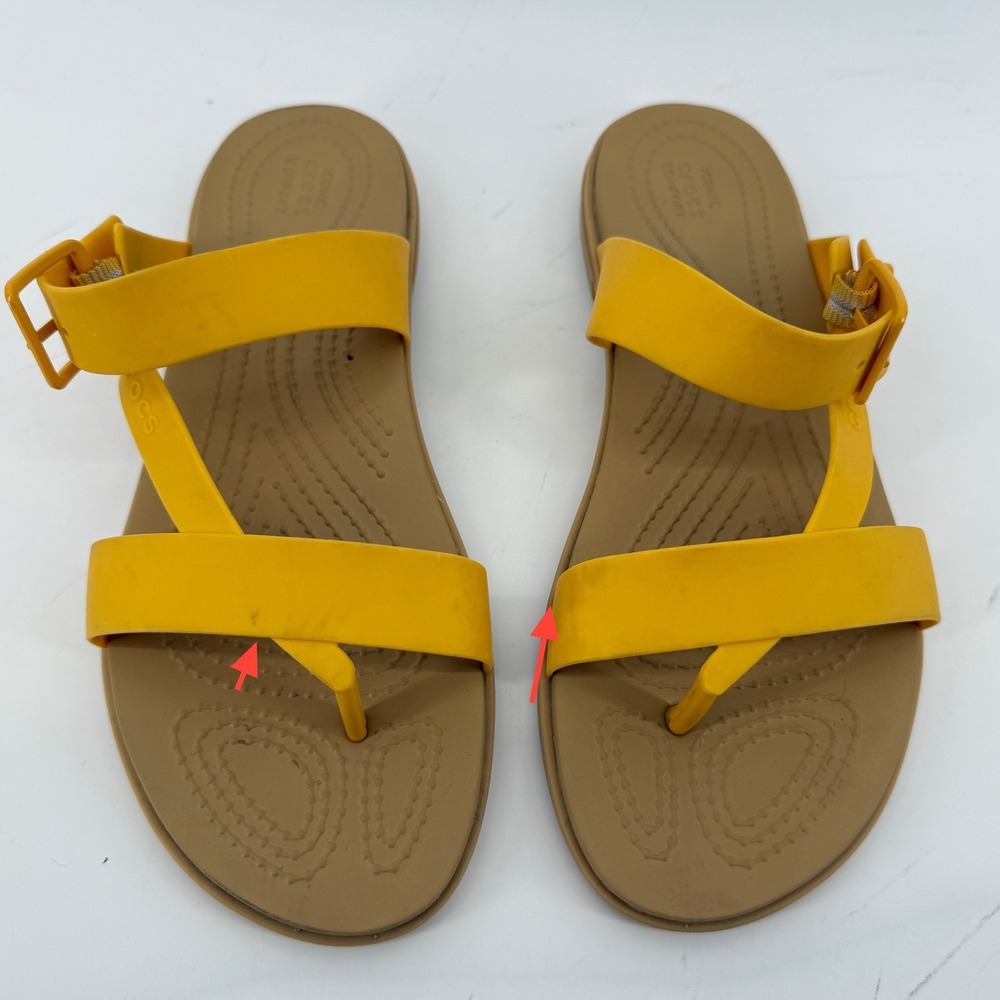 Crocs Tulum Toe Post Toe Sandal Yellow Tan Women 8 Strappy Slip On Flip Flop - Picture 3 of 9